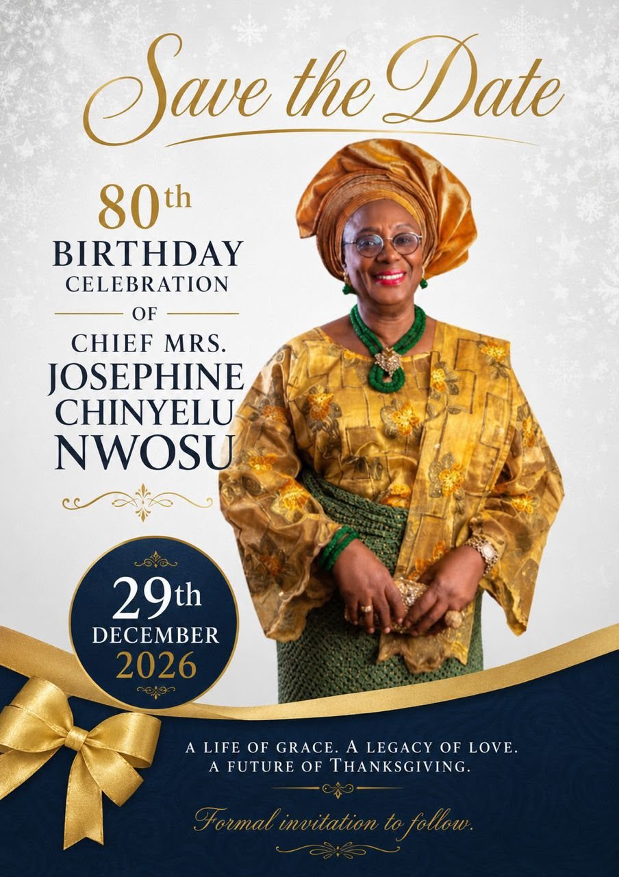 Save-the-date portrait of Iyom Chief Mrs. Josephine Chinyelu Nwosu in a gold outfit and headwrap.